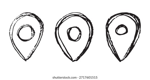 Conjunto de pin de mapa dibujado a mano Señal de puntero de marcador de mapa GPS y herramientas de mapeo Símbolo de pin de Locación Clipart de punto de alfiler en estilo doodle Elemento único para Web, diseño
