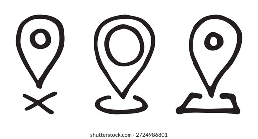 Conjunto de pin de mapa dibujado a mano Señal de puntero de marcador de mapa GPS y herramientas de mapeo Símbolo de pin de Locación Clipart de punto de alfiler en estilo doodle Elemento único para Web, diseño