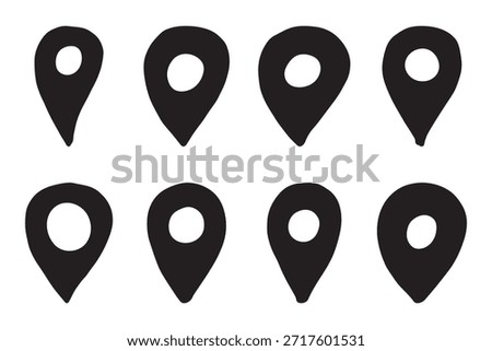 Set of hand drawn map pin Map marker pointer sign GPS and mapping tools Location pin symbol Pinpoint clipart in doodle style Single element for web, design