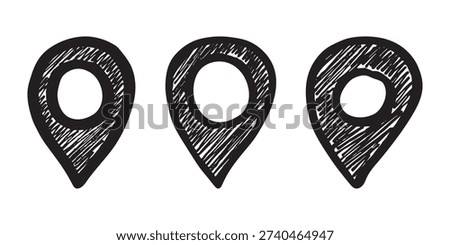 Set of hand drawn map pin Map marker pointer sign GPS and mapping tools Location pin symbol Pinpoint clipart in doodle style Single element for web, design