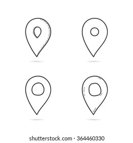 set of hand drawn map pins with shadow. concept of journey, geotag, navigate, tourism, flag, trip, guide. isolated on white background. sketch style trend modern logotype design vector illustration