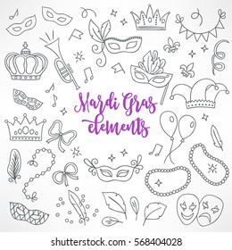 Set of hand drawn Mardi Gras design elements - carnival mask, trumpet, crown, ribbon, feathers, confetti, masks, notes, balloon, harlequin, beads, garland, jester hat. Perfect for coloring books