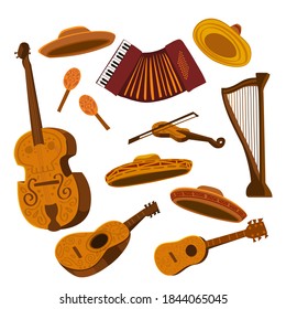 Juego de instrumentos musicales y sombreros de mariachi dibujados a mano. Violín, bajo doble, arpa, acordeón, guitarra, guitarra, maracas y sombreros mexicanos. Objetos cortos aislados en fondo blanco. Vector eps10