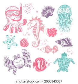 A set of hand drawn marine animals. Seahorse, octopus, shells, fish, starfish, jellyfish, sea turtle, crab. Vector cartoon ocean dwellers for different designs.