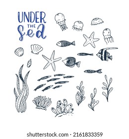 Set of hand drawn marine doodles. Vector nautical sketch style illustrations.