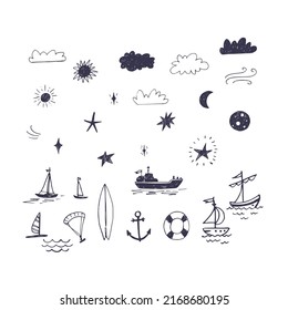 Set of hand drawn marine doodles. Nautical sketches of boats, ships, stars, clouds, sun and full moon. Great for photo overlays