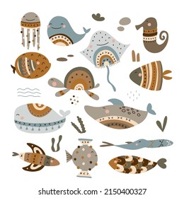 Set with hand drawn marine life and sea life elements. Vector illustration in boho style for your design.