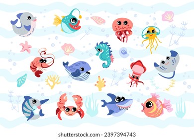 Set with hand drawn marine life elements. Vector doodle cartoon set of sea life objects for design. Colorful sea animals