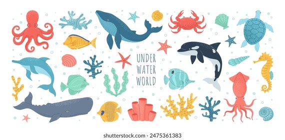 Set of hand drawn marine life. Wild sea animals, seashells, fish, seaweed and corals. Whale, octopus, crab, seahorse, dolphin, killer whale, turtle, squid, cachalot. Vector cute cartoon illustration.