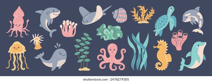 Set of hand drawn marine life. Fish and wild sea animals. Octopus, seahorse, whale, dolphin, killer whale, turtle, squid, cachalot. Algae and seashells. Vector cute flat cartoon illustration.