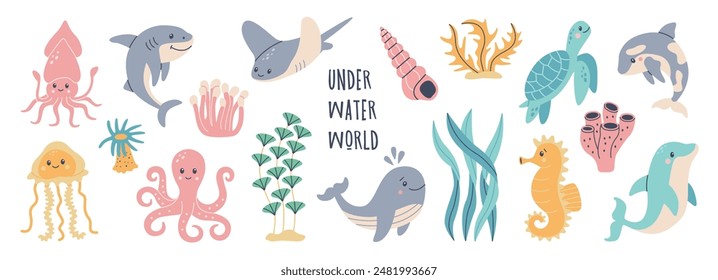 Set of hand drawn marine life. Fish and wild sea animals. Octopus, seahorse, whale, dolphin, killer whale, turtle, squid, cachalot. Algae and seashells. Vector cute flat cartoon illustration.