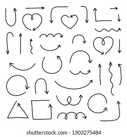 Set of hand drawn marker arrows isolated on white background.