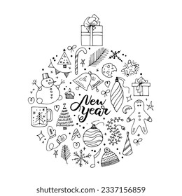 Set of hand drawn marker Christmas symbol. New Year doodle illustration. Winter holidays tree toy. 