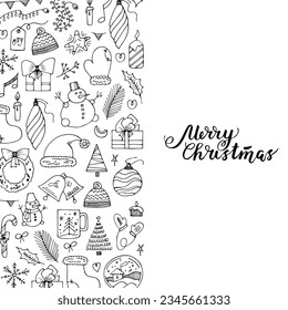 Set of hand drawn marker Christmas symbol. New Year doodle illustration. Winter holidays tree toy. 