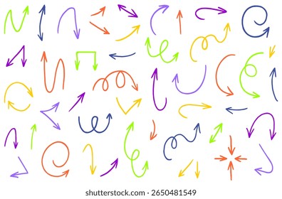 Set of hand drawn marker colorful arrows of various shapes and directions. Bright doodle elements for direction, pointer or design decoration