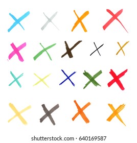 Set of hand drawn with marker colorful crosses isolated on white background. Vector illustration.