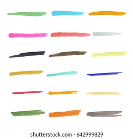 Set of hand drawn with marker colorful stripes or lines isolated on white background. Vector objects.