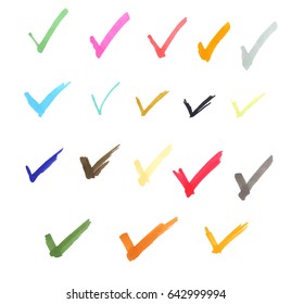 Set of hand drawn with marker colorful check marks isolated on white background. Vector objects.