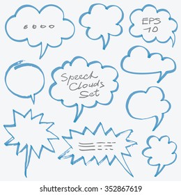 Set of hand drawn with marker highlighter speech clouds and bubbles. Can be used for text highlighting, marking and coloring in your designs or comics. Optimized for one click color changes.