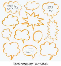 Set of hand drawn with marker highlighter speech clouds and bubbles. Can be used for text highlighting, marking, coloring in your designs or comics. Optimized for easy color changes. EPS10 vector.