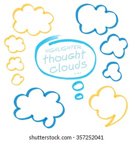 Set of hand drawn with marker highlighter thought clouds. Can be used for text highlighting, marking, coloring in your graphics. Optimized for easy color changes. EPS10 vector.