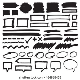 Set of hand drawn marker highlighter marks, stripes, frames, speech bubbles and strokes. Felt pen vector design elements in eps8 format.