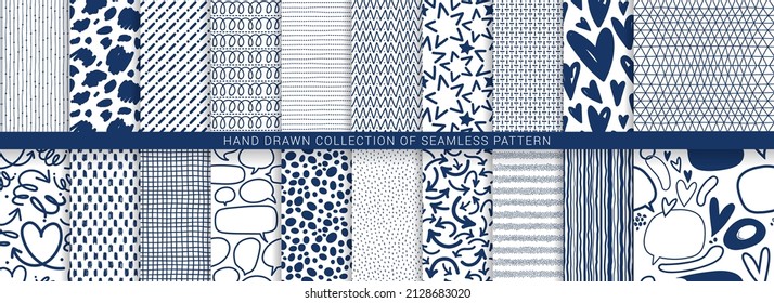 Set of hand drawn marker and ink seamless patterns. Simple vector scratchy textures with dots, strokes and doodles