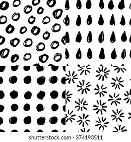 Conjunto de marcadores desenhados à mão e padrões de tinta sem emenda. Textura vetorial simples em preto e branco com gotas, círculos, flores e rabiscos.