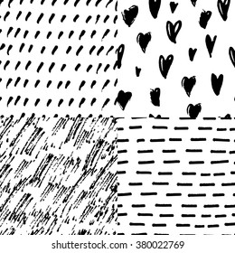 Set of hand drawn marker and ink seamless patterns. Black and white simple vector texture with hearts, squares, circles, and doodles.