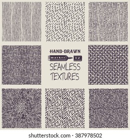 Set of hand drawn marker and ink seamless patterns. Simple vector scratchy textures with dots, strokes and doodles.