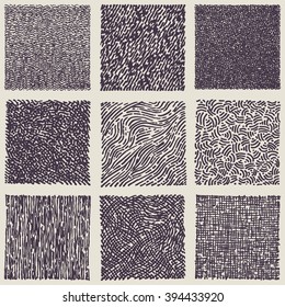 Set of hand drawn marker and ink patterns. Simple vector scratchy textures with dots, strokes and doodles