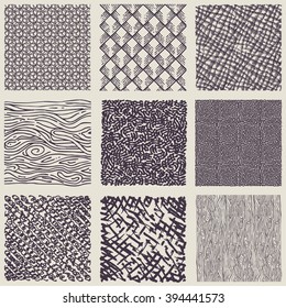 Set of hand drawn marker and ink patterns. Simple vector scratchy textures with dots, strokes and doodles