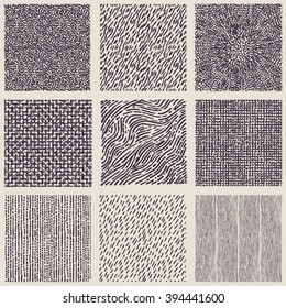Set of hand drawn marker and ink patterns. Simple vector scratchy textures with dots, strokes and doodles
