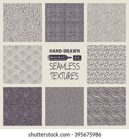 Set of hand drawn marker and ink seamless patterns. Simple vector scratchy textures with dots, strokes and doodles.