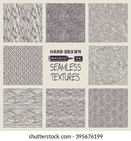 Set of hand drawn marker and ink seamless patterns. Simple vector scratchy textures with dots, strokes and doodles.