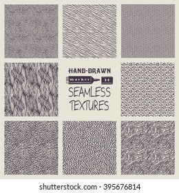 Set of hand drawn marker and ink seamless patterns. Simple vector scratchy textures with dots, strokes and doodles.