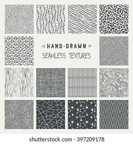 Set of hand drawn marker and ink seamless patterns. Simple vector scratchy textures with dots, strokes and doodles.
