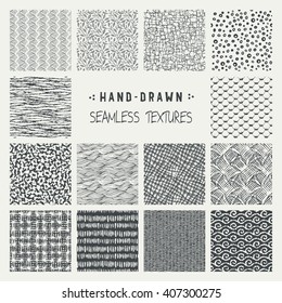 Set of hand drawn marker and ink seamless patterns