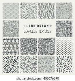 Set of hand drawn marker and ink seamless patterns