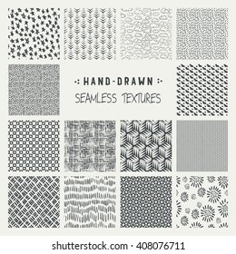 Set of hand drawn marker and ink seamless patterns