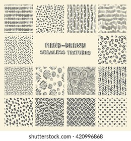 Set of hand drawn marker and ink seamless patterns. Simple vector scratchy textures with dots, strokes and doodles.