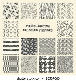 Set of hand drawn marker and ink seamless patterns