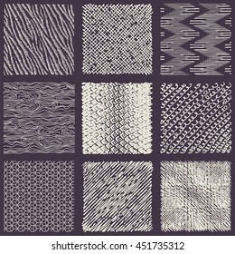 Set of hand drawn marker and ink patterns. Simple vector scratchy textures with dots, strokes and doodles