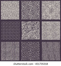 Set of hand drawn marker and ink patterns. Simple vector scratchy textures with dots, strokes and doodles
