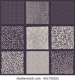 Set of hand drawn marker and ink patterns. Simple vector scratchy textures with dots, strokes and doodles