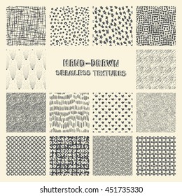 Set of hand drawn marker and ink seamless patterns