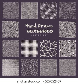 Set of hand drawn marker and ink patterns. Simple vector scratch textures with dots, strokes and doodles.