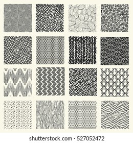 Set of hand drawn marker and ink patterns. Simple vector scratch textures with dots, strokes and doodles.