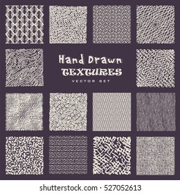 Set of hand drawn marker and ink patterns. Simple vector scratch textures with dots, strokes and doodles.