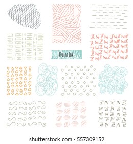 Set of hand drawn marker and ink patterns. Simple vector scratchy textures with dots, strokes and doodles.